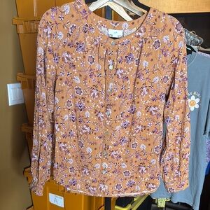 J Jill Orange Floral Bib Collar Blouse Size Small